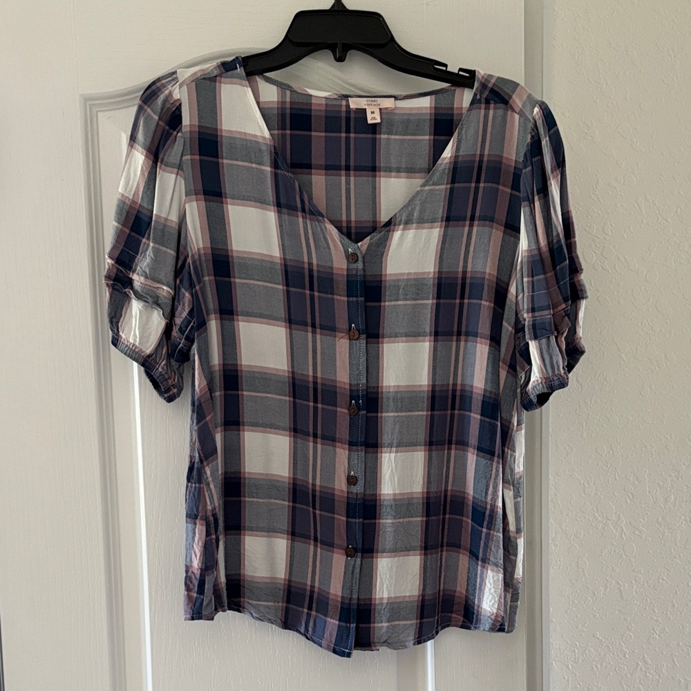 Como Vintage Navy and Pink Plaid Button-Down Shirt